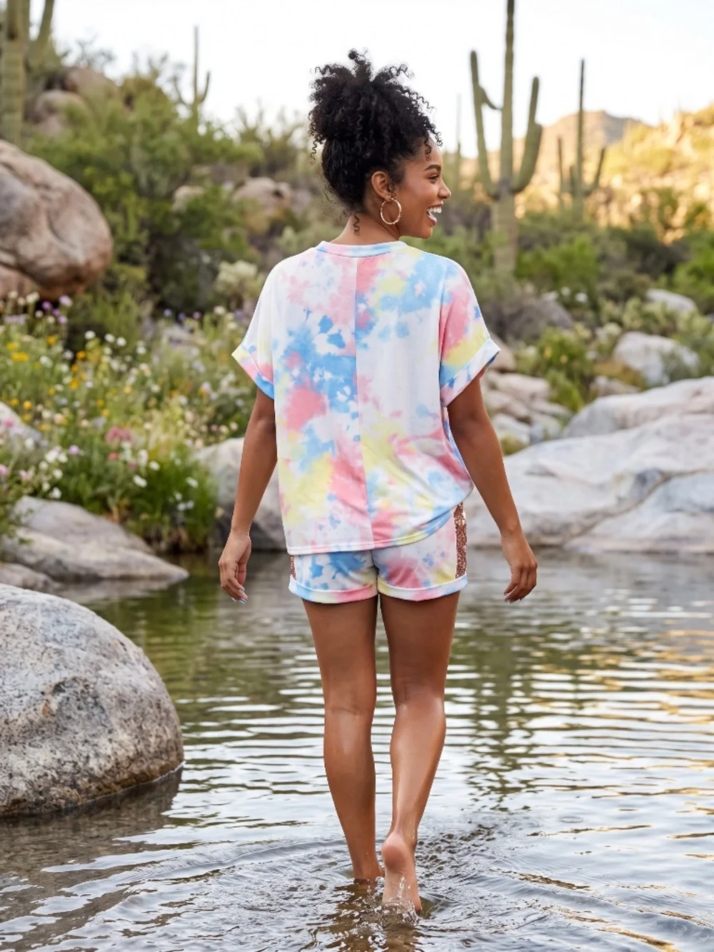 Fantastic Fawn Tie Dye Shorts Set | Sparkly Sequin 2 Piece Matching Lounge Set - Picture 3 of 7